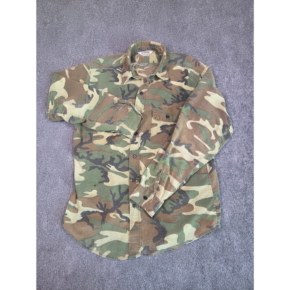 Vintage Five Brother Flannel Shirt Mens L Green Camo Woodland Made in USA
